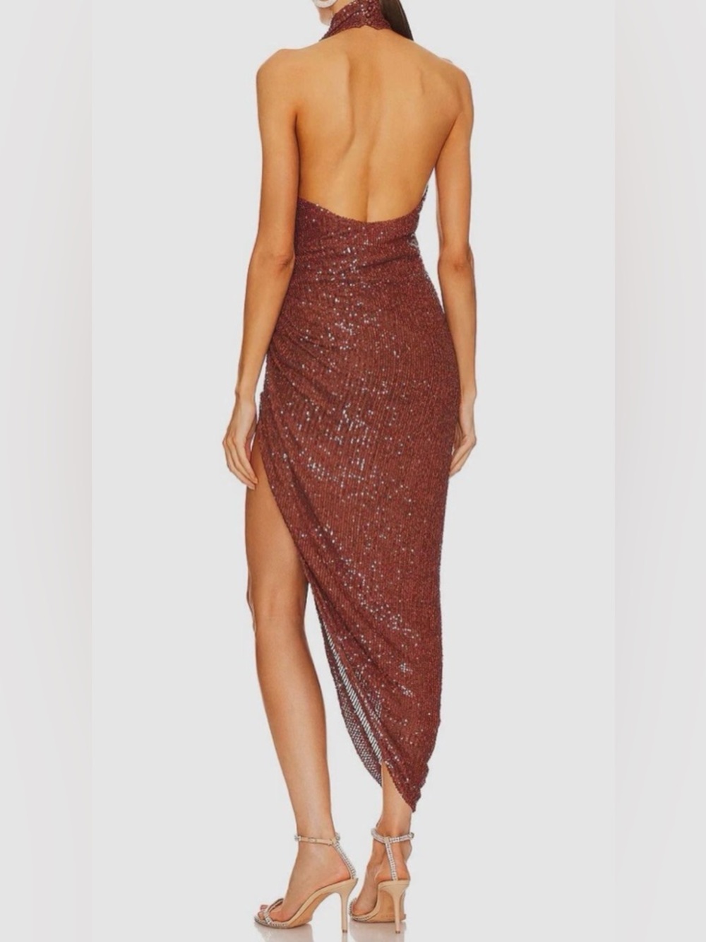 ITMFL Marissa Chocolate Brown Sequin Asymmetrical Mockneck Gown Dress EUC Size S - Picture 4 of 11